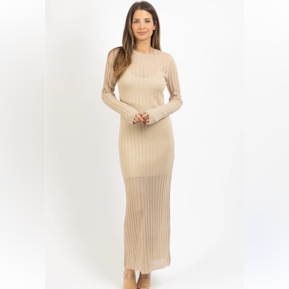 Crescent Lex Crew Neck Sheer Knit Long Sleeve Maxi Dress